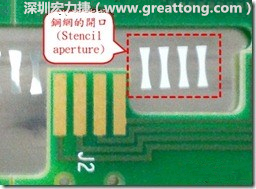 這個HotBar(熱壓熔錫焊接)吃錫的設(shè)計(jì)已經(jīng)對了一半，在印刷錫膏的時候在焊墊的中間位置減少錫膏，如果治具的設(shè)定正確的話，熱壓頭(thermode)要壓在焊墊中間的位置，焊錫的印出來結(jié)果如下面右圖所示。