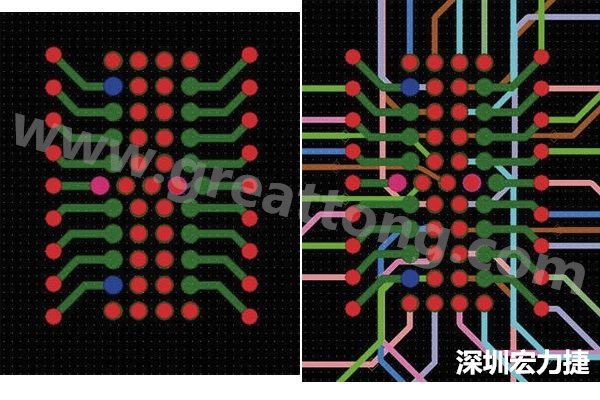 圖7：焊盤內(nèi)過孔用于內(nèi)部，而外部接腳在0.5mm閘格上扇出。圖7a顯示的是頂層(左)；圖7b顯示頂層和內(nèi)部布線層(右)。