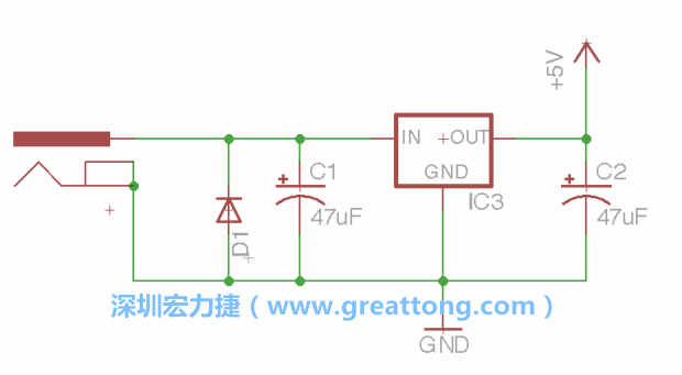 新增RBBB→Power_Jack，將它放在電壓調(diào)整器的輸入端旁邊。